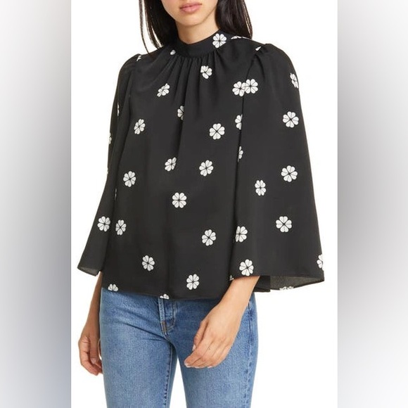 Kate Spade Clover Long-sleeved Toss Blouse in Black with White Blossoms - Picture 2 of 8